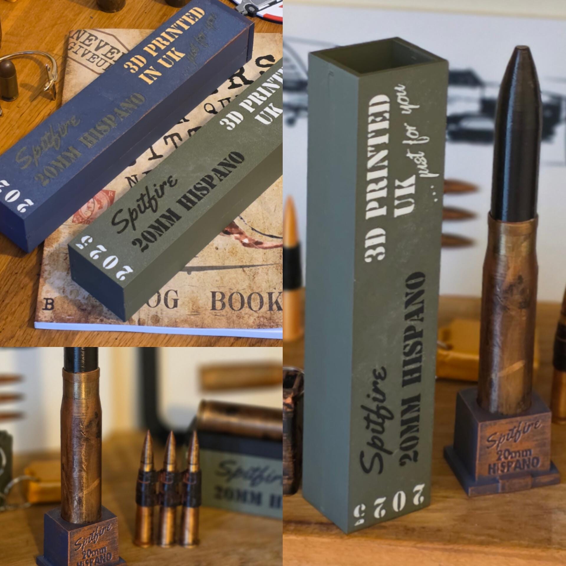 Spitfire 20mm Hispano Round Supermarine made in UK Scale Inert 3d Printed Aircraft Gift Day WW2 RAF Ammo Model Full Aviation Desk Fathers