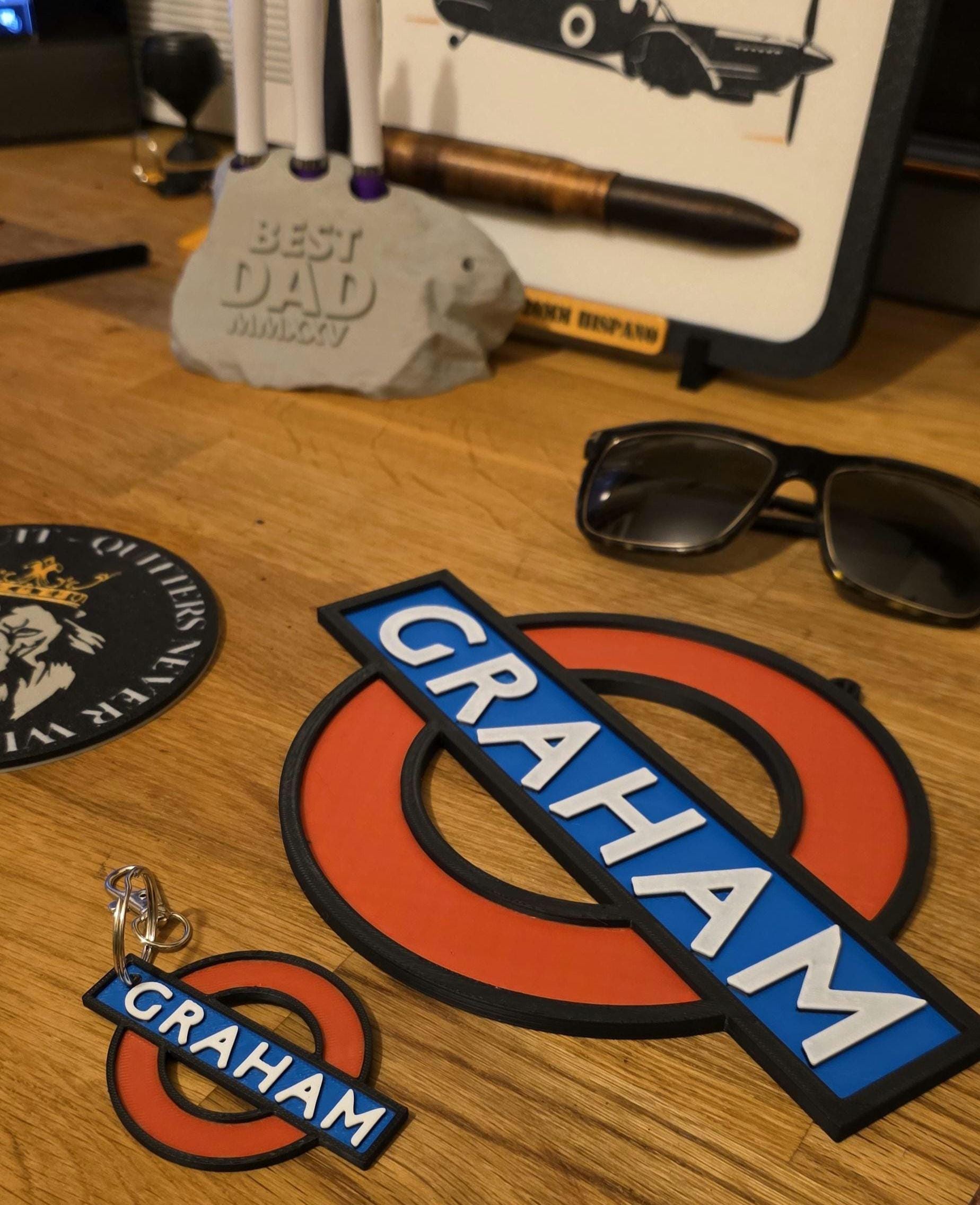 Personalised London Underground Subway Sign & Keyring Gift Set Wall Sign Made in UK Father's Day Shed Garage Man Cave