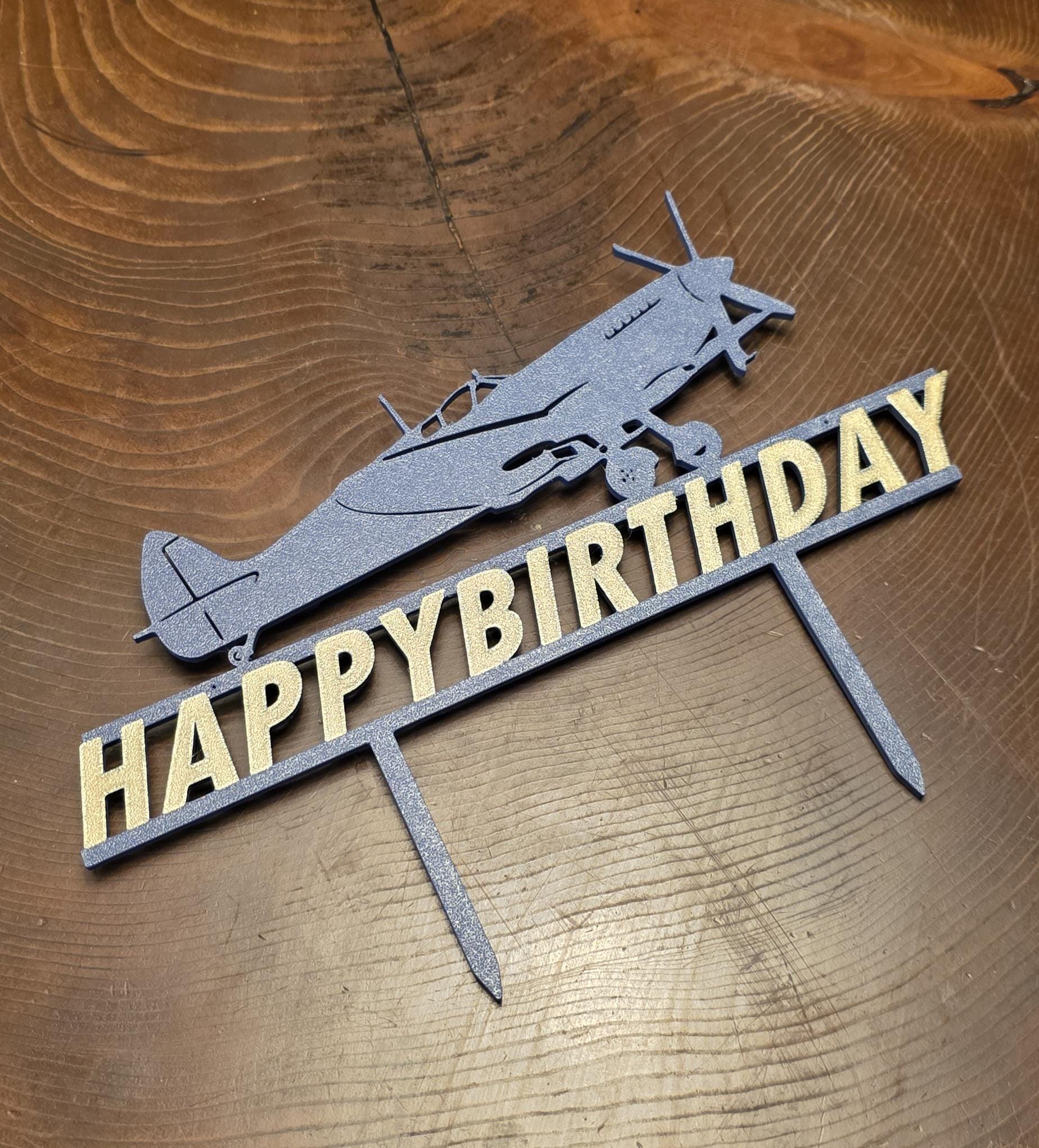 Spitfire Cake Topper Personalised Supermarine Happy Birthday Cake Gold RAF Blue 3d Printed Eco Candle Holder Name Celebration