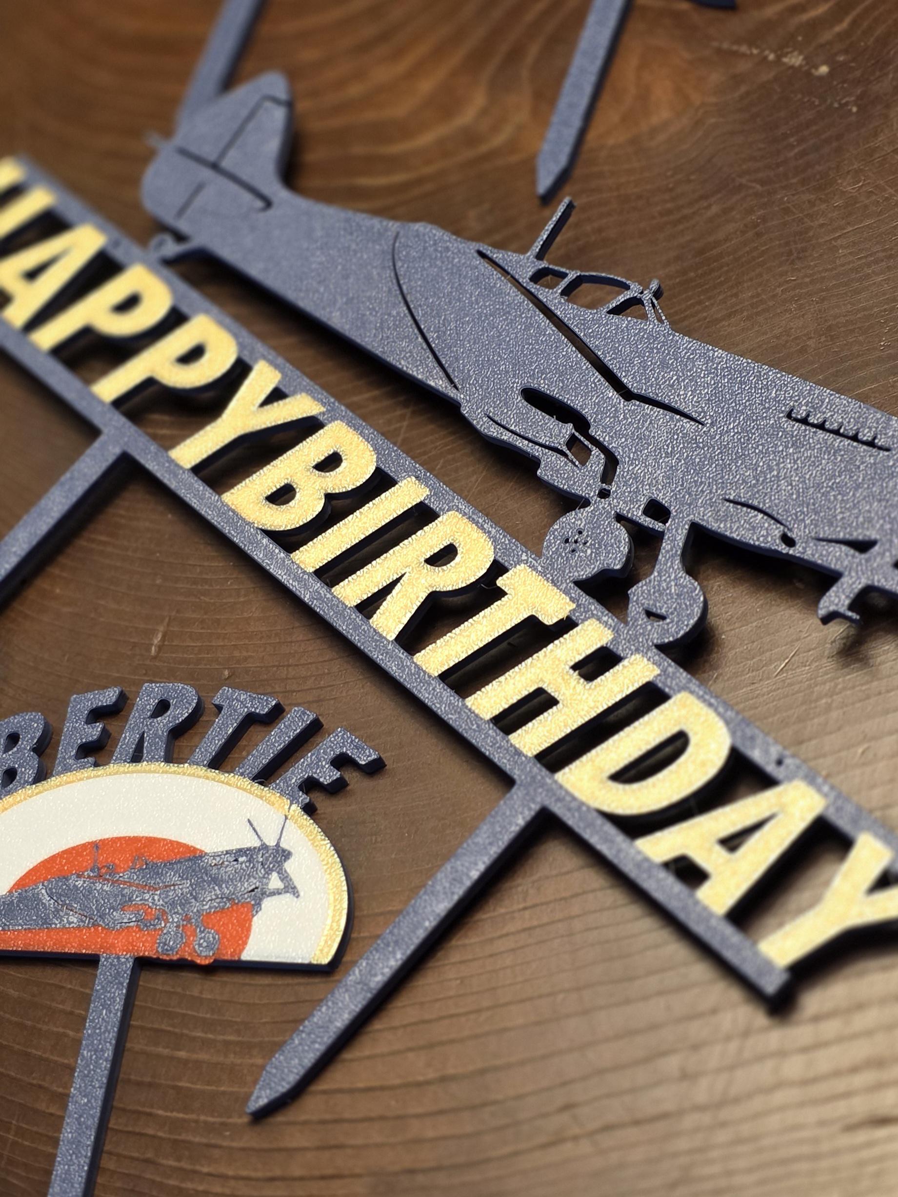 Spitfire Cake Topper Personalised Supermarine Happy Birthday Cake Gold RAF Blue 3d Printed Eco Candle Holder Name Celebration