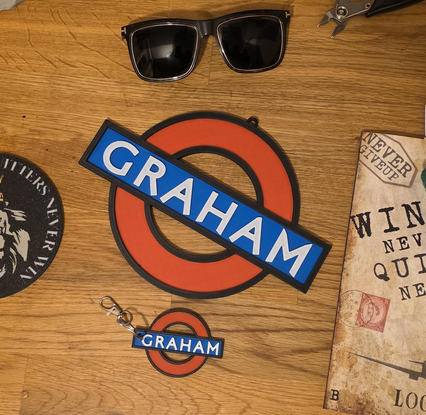 Personalised London Underground Subway Sign & Keyring Gift Set Wall Sign Made in UK Father's Day Shed Garage Man Cave