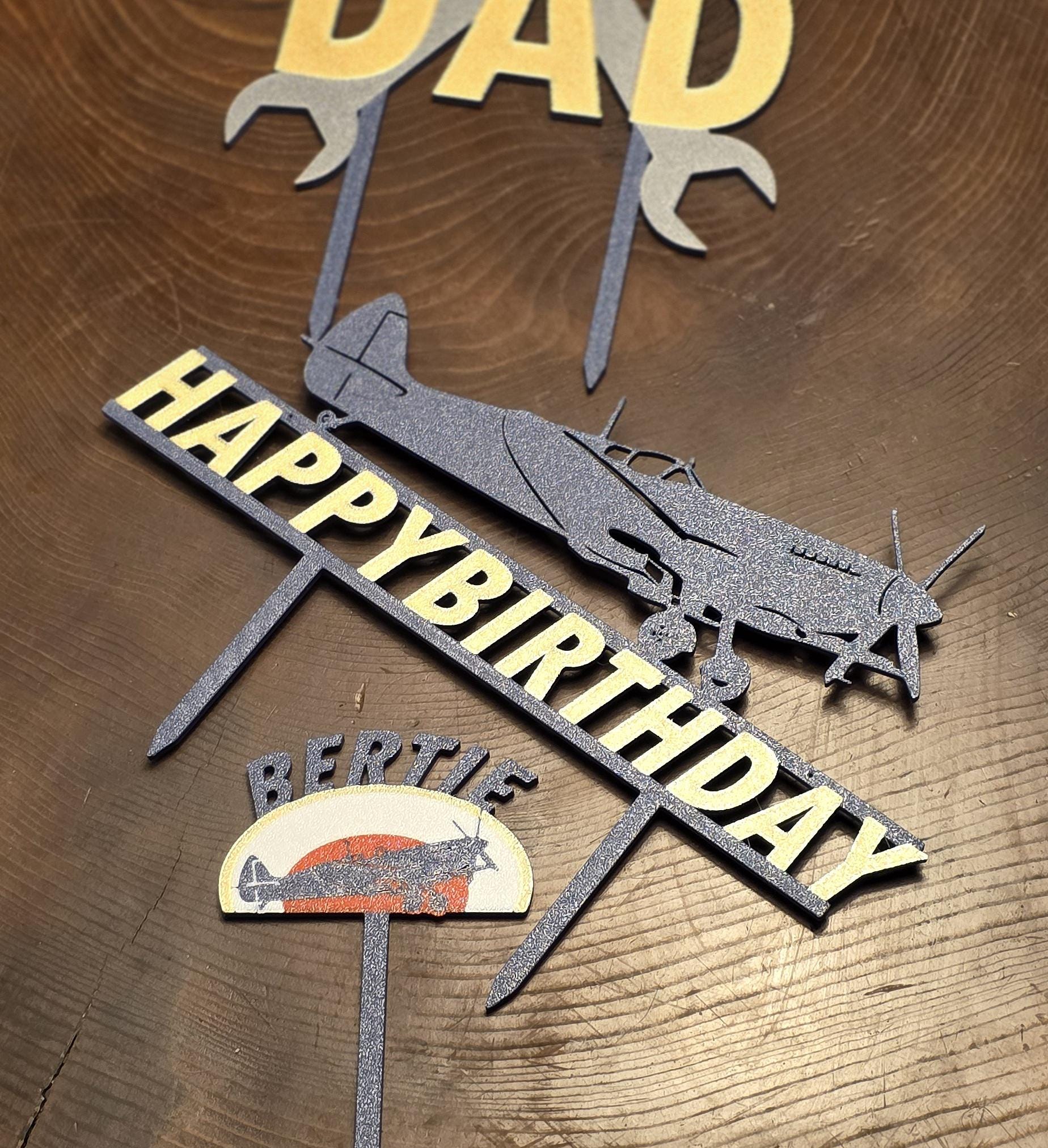 Spitfire Cake Topper Personalised Supermarine Happy Birthday Cake Gold RAF Blue 3d Printed Eco Candle Holder Name Celebration