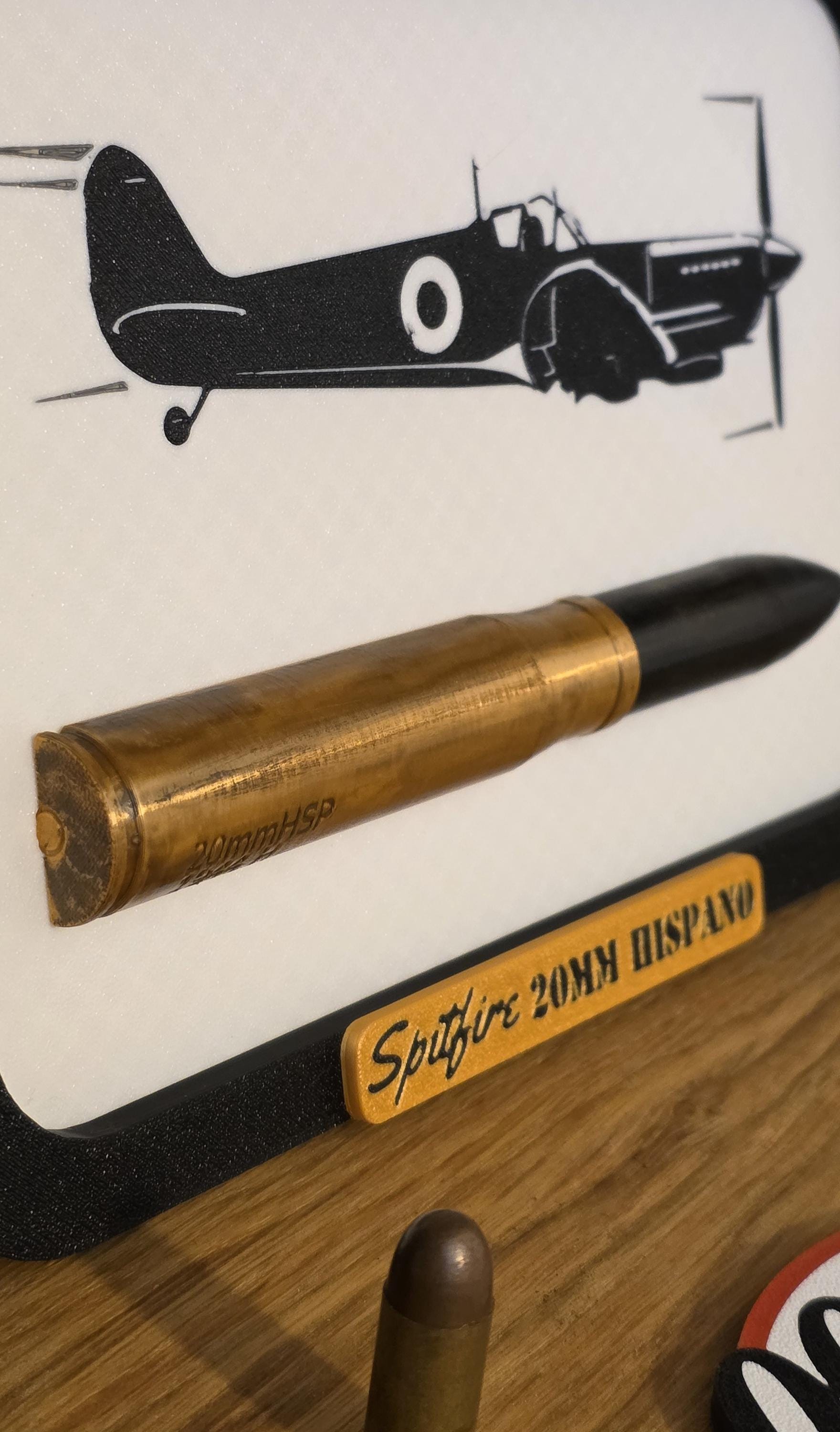 Framed Spitfire 20mm Hispano Round Supermarine UK Scale Inert 3d Printed Aircraft Gift WW2 RAF Ammo Full Aviation BF109 Hurricane Fortress