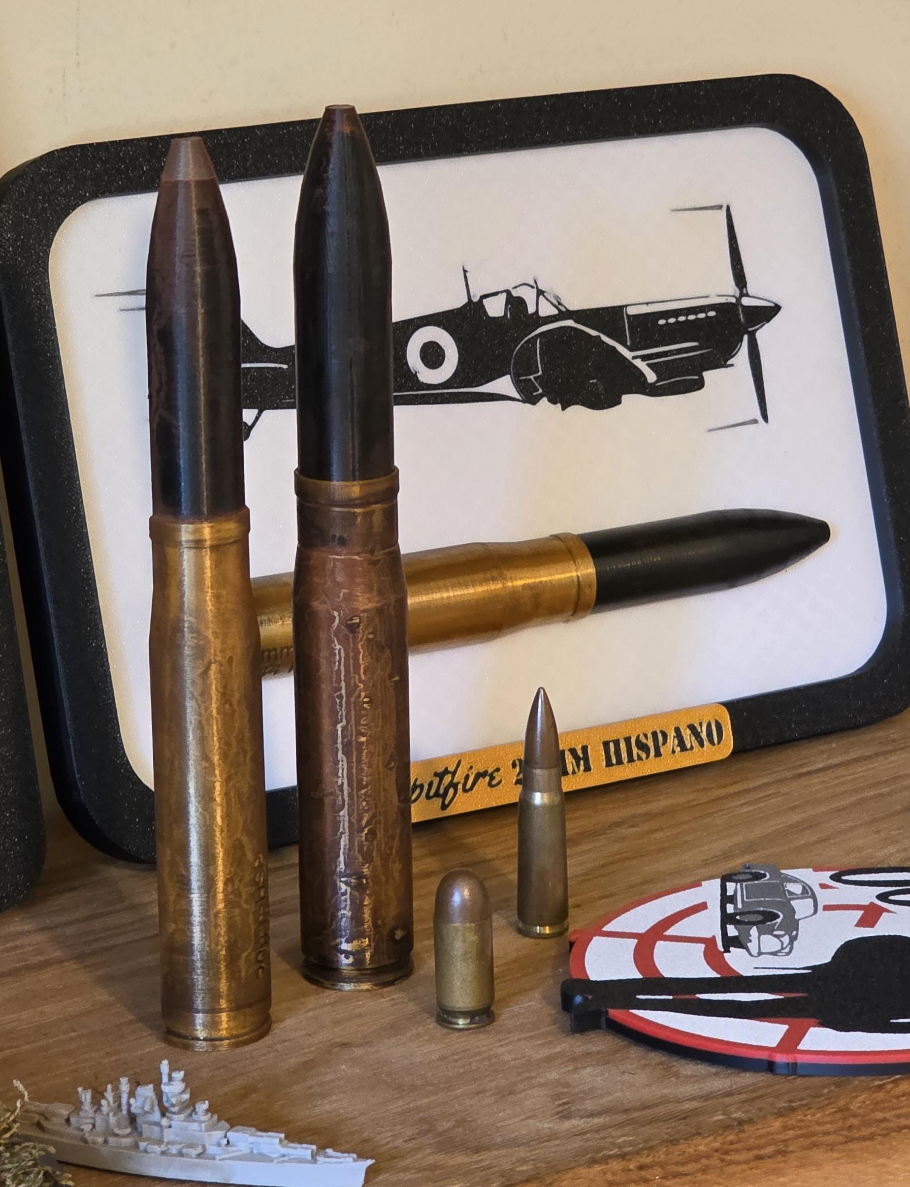 Spitfire 20mm Hispano Round Supermarine made in UK Scale Inert 3d Printed Aircraft Gift Day WW2 RAF Ammo Model Full Aviation Desk Fathers