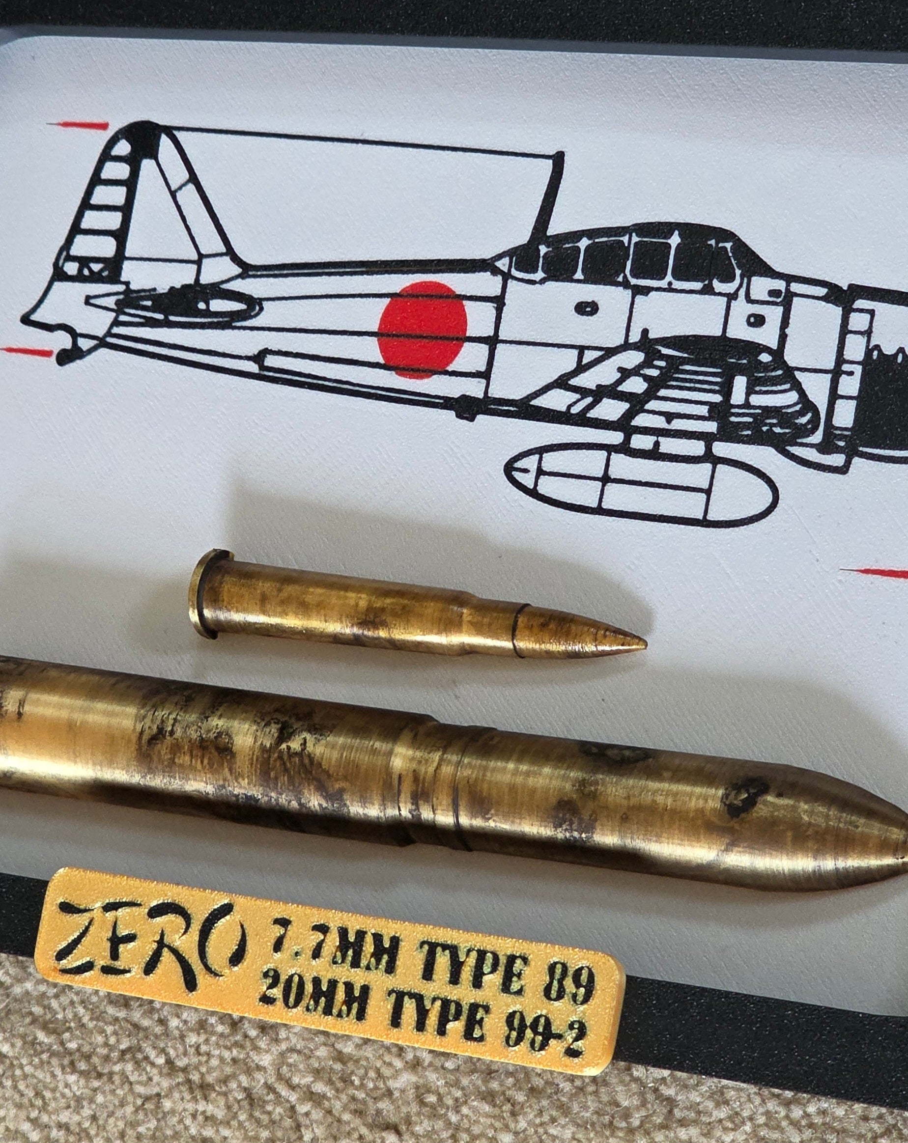 Framed C6M Zero 7.7mm 20mm Round Mitsubishi UK Scale Inert 3d Printed Aircraft Gift WW2 RAF Ammo Full Aviation Desk
