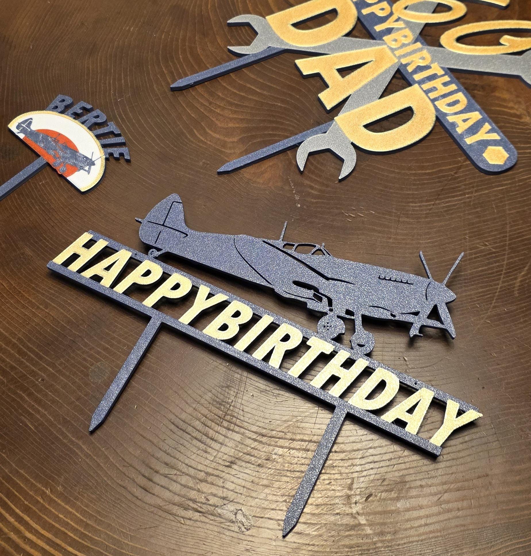 Spitfire Cake Topper Personalised Supermarine Happy Birthday Cake Gold RAF Blue 3d Printed Eco Candle Holder Name Celebration