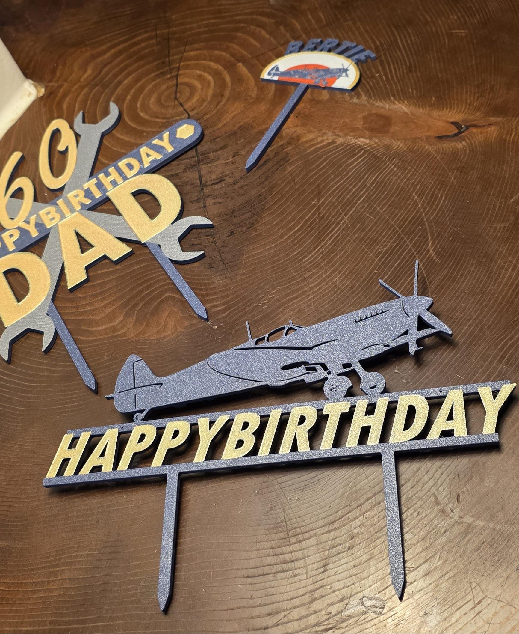 Spitfire Cake Topper Personalised Supermarine Happy Birthday Cake Gold RAF Blue 3d Printed Eco Candle Holder Name Celebration