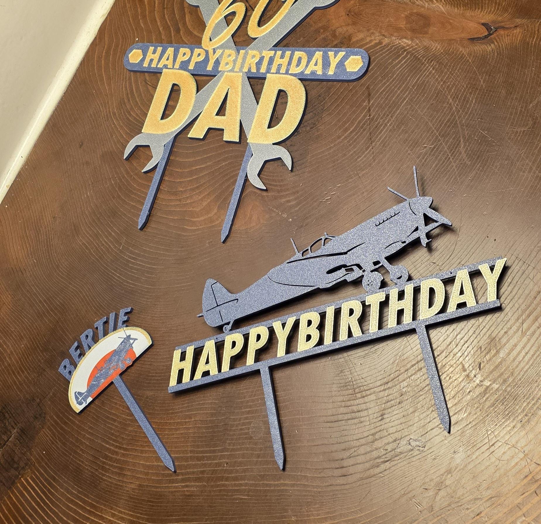 Spitfire Cake Topper Personalised Supermarine Happy Birthday Cake Gold RAF Blue 3d Printed Eco Candle Holder Name Celebration