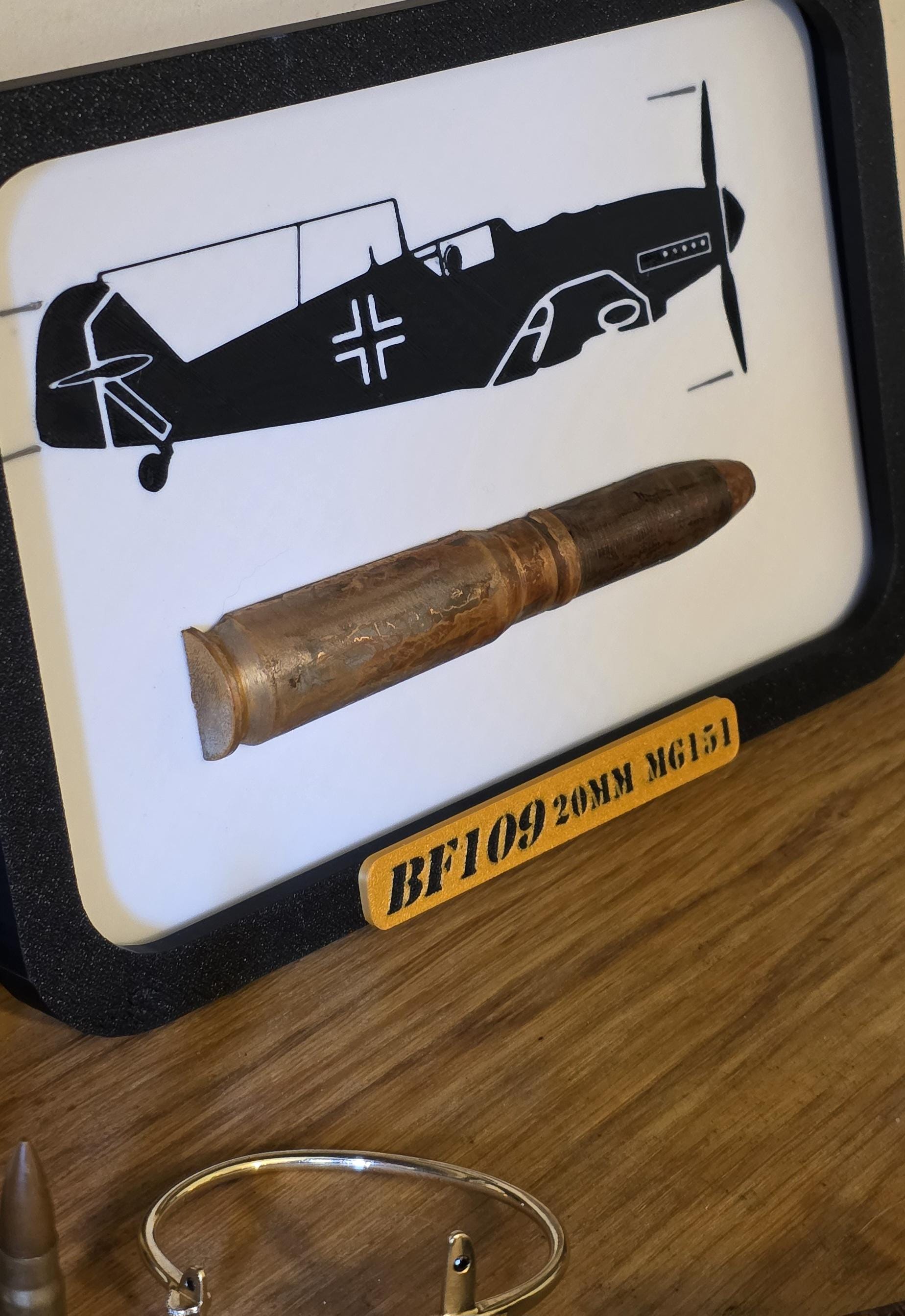 Framed BF109 20mm MG151 Round Messerschmitt made in UK Scale Inert 3d Printed Aircraft Gift Day WW2 RAF Ammo Model Full Aviation Me109
