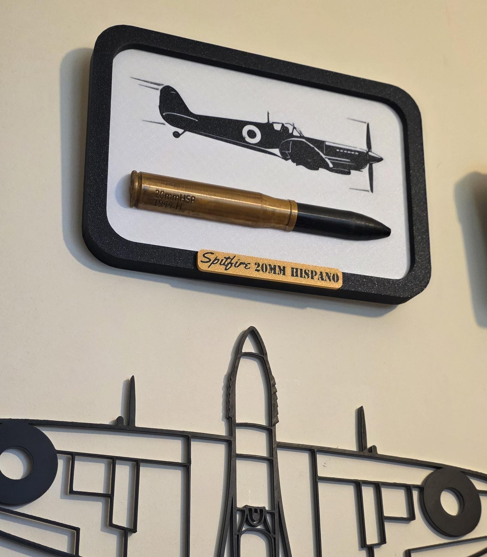 Framed Spitfire 20mm Hispano Round Supermarine UK Scale Inert 3d Printed Aircraft Gift WW2 RAF Ammo Full Aviation BF109 Hurricane Fortress